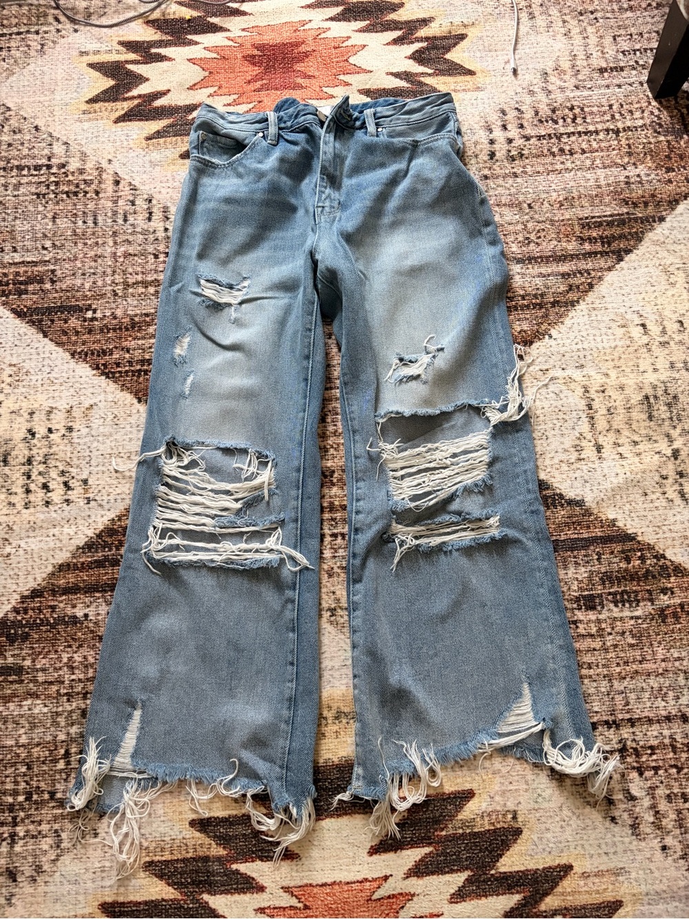 Light Blue Distressed Wide-Leg Hippy Jeans